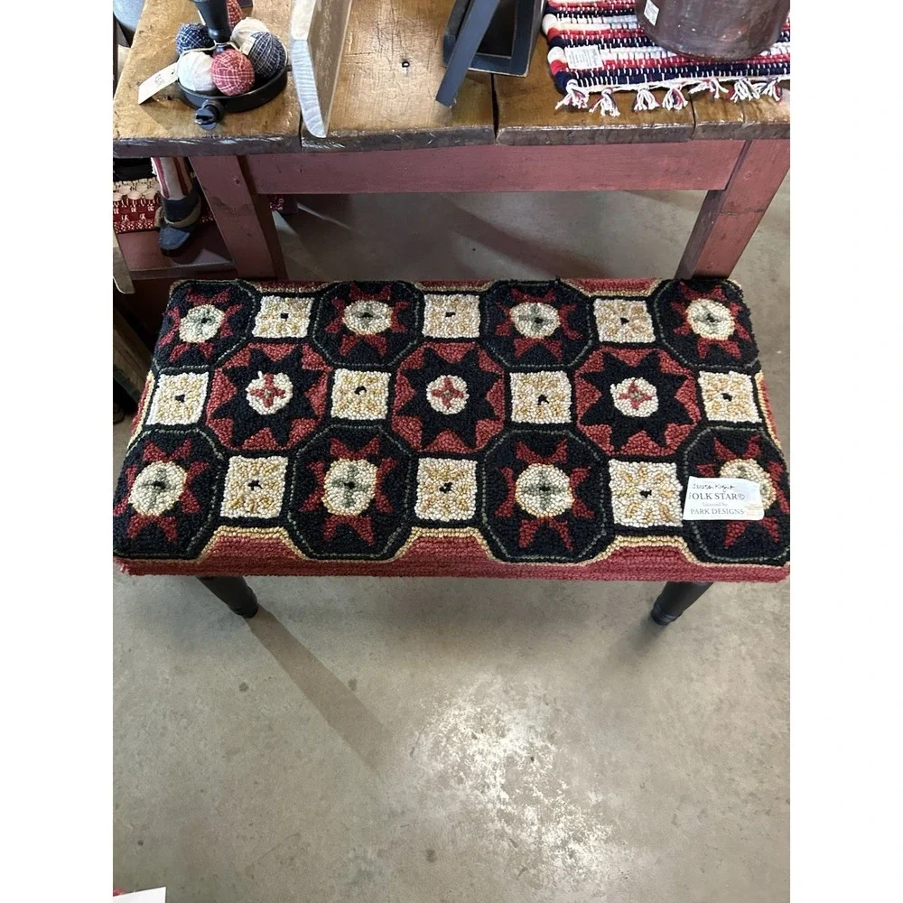 PRIMITIVE  COUNTRY HOOKED STAR DECORATIVE BENCH By PARK DESIGNS Folk Art